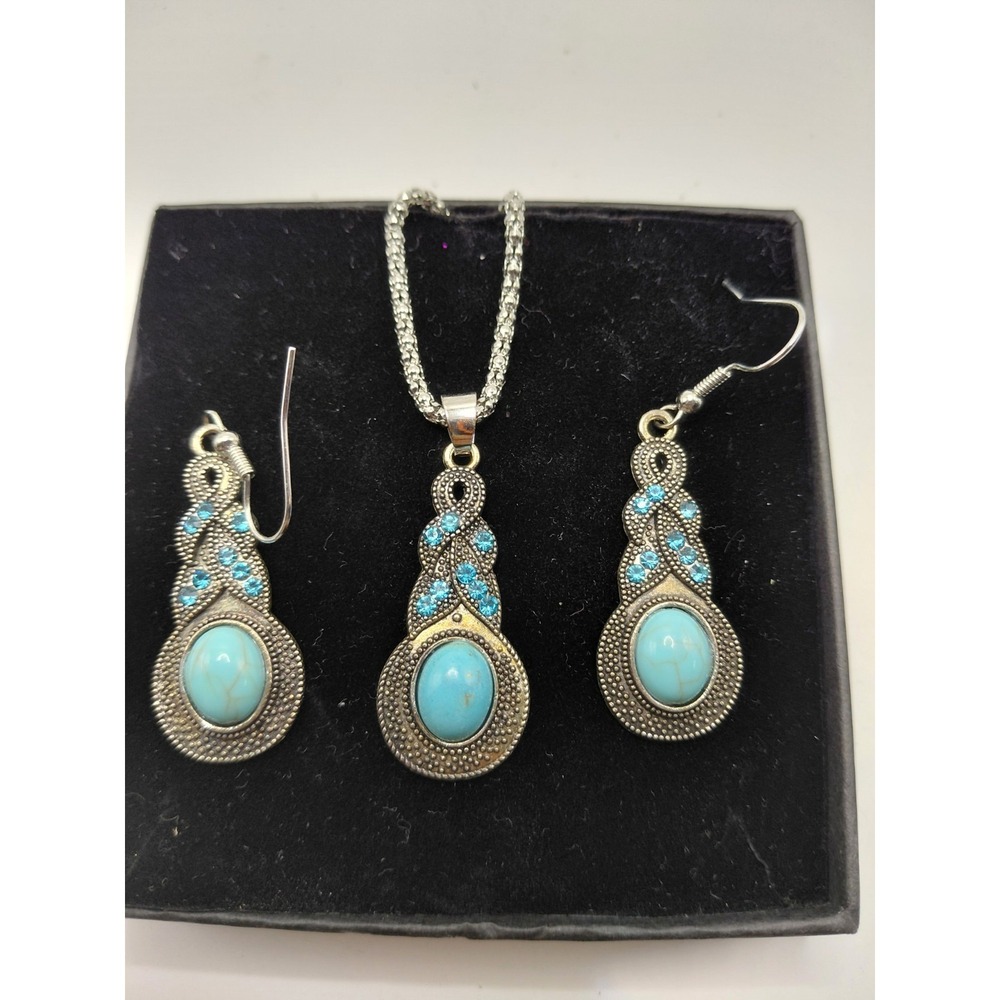 3PCS Set Vintage Boho Women Faux Turquoise Silver Drop Earrings Pendant Necklace - Picture 2 of 2